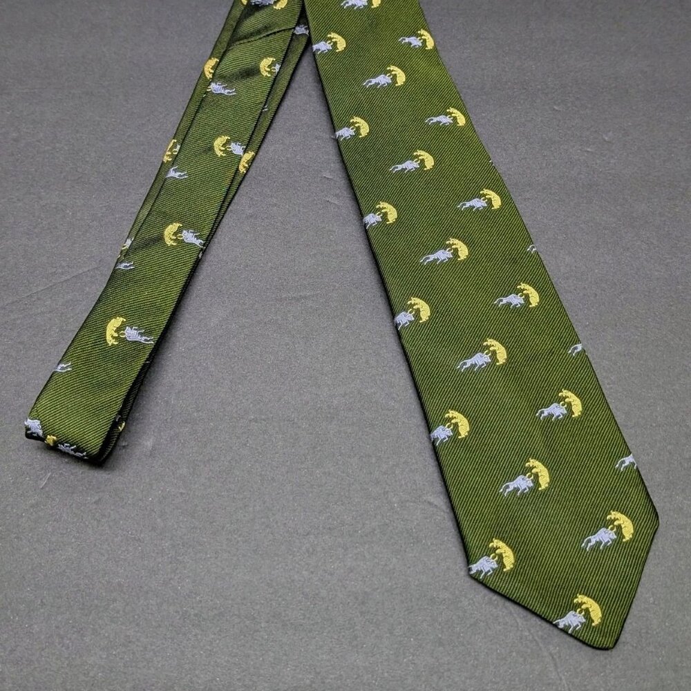 Vintage Tie Necktie Embroidered BEAR & BULL 100% Silk Marine Green LONDON 400
